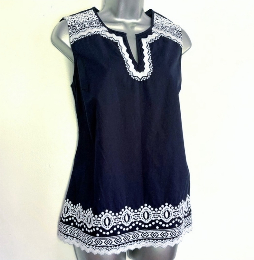 Talbots Midnight Blue Sleeveless Blouse with White Detailing